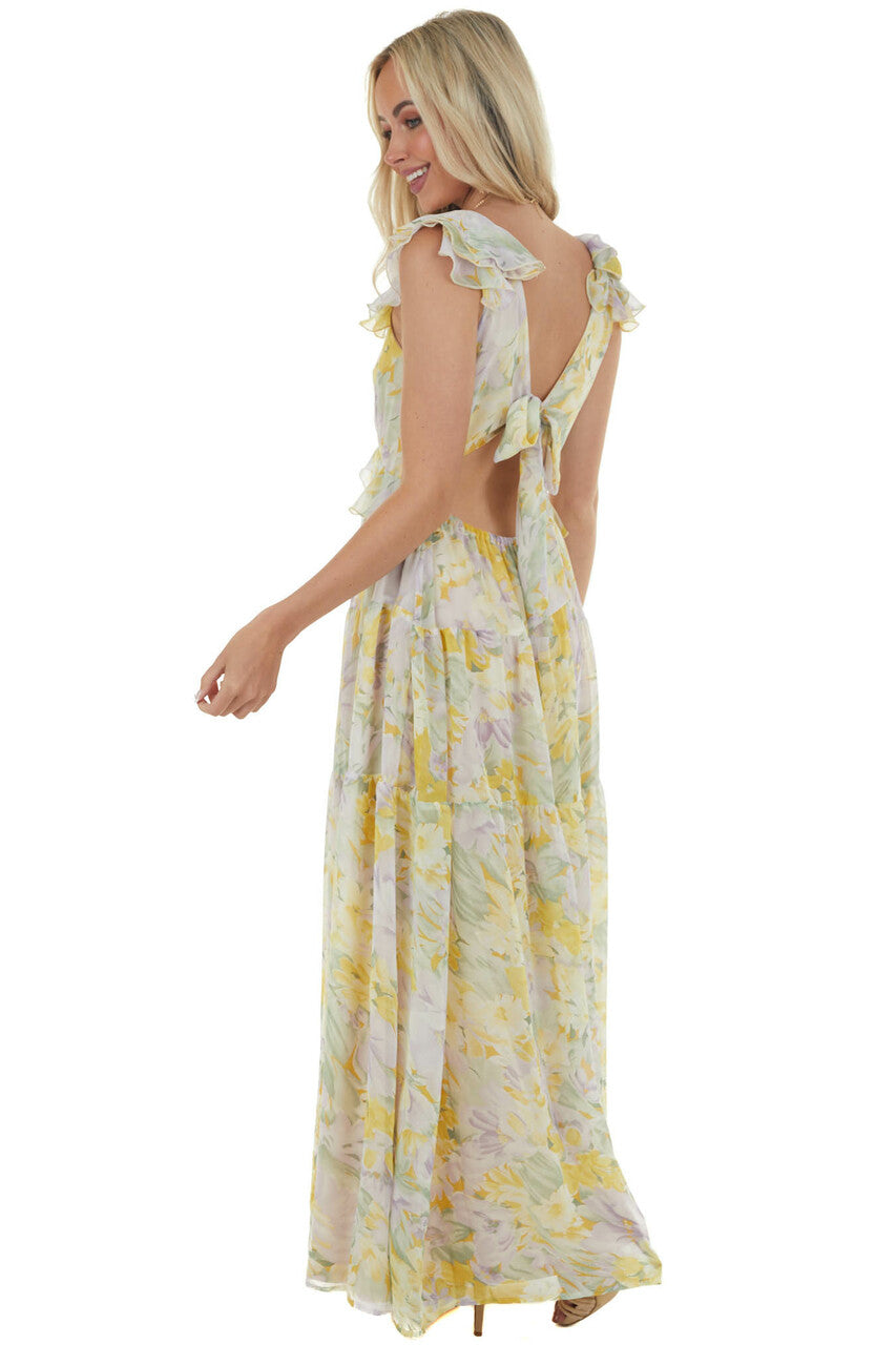 Pastel Yellow Floral Open Back Maxi Dress