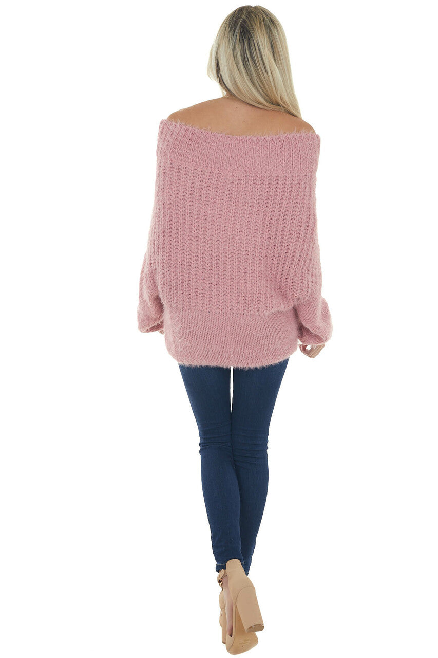 Pink Fuzzy Off Shoulder Cable Knit Sweater