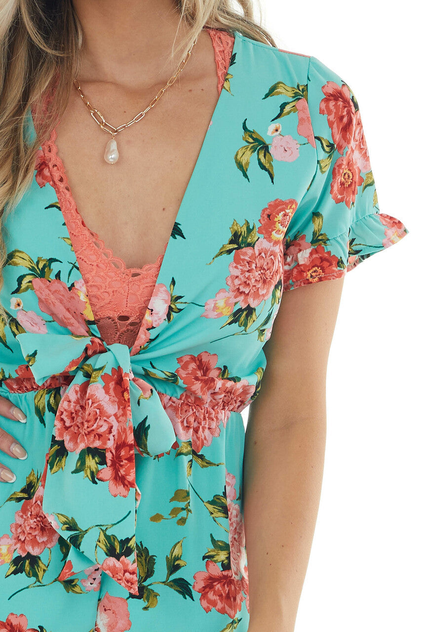 Turquoise and Floral Print Deep V Romper