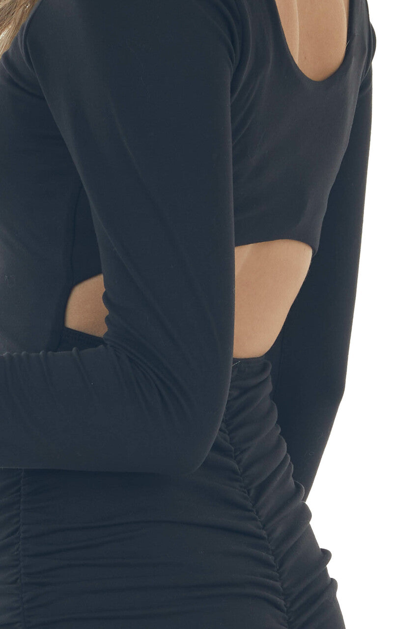 Black Open Back Ruched Bodycon Knit Dress