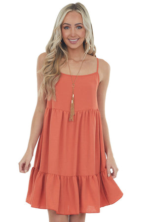 Rust Sleeveless Short Tiered Woven Dress