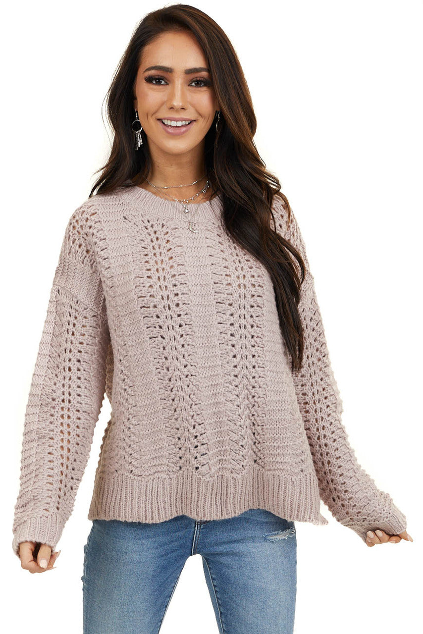 Light Mauve Loose Knit Fuzzy Sweater with Ribbed Trim