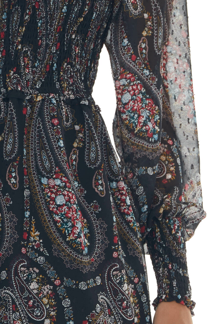 Black Paisley Print Smocked Woven Short Dress