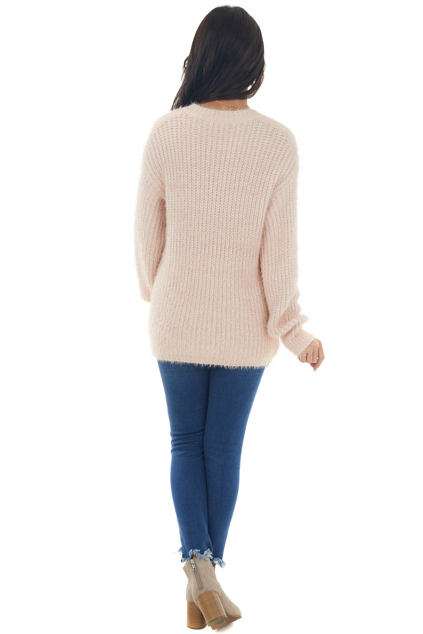 Blush V Neck Fuzzy Knit Sweater with Cut Outs