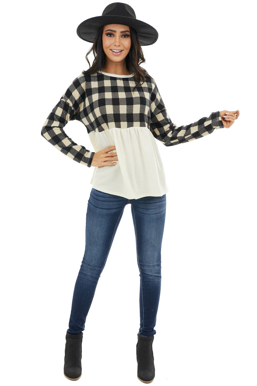 Black and Cream Buffalo Plaid Babydoll Top with Long Sleeves