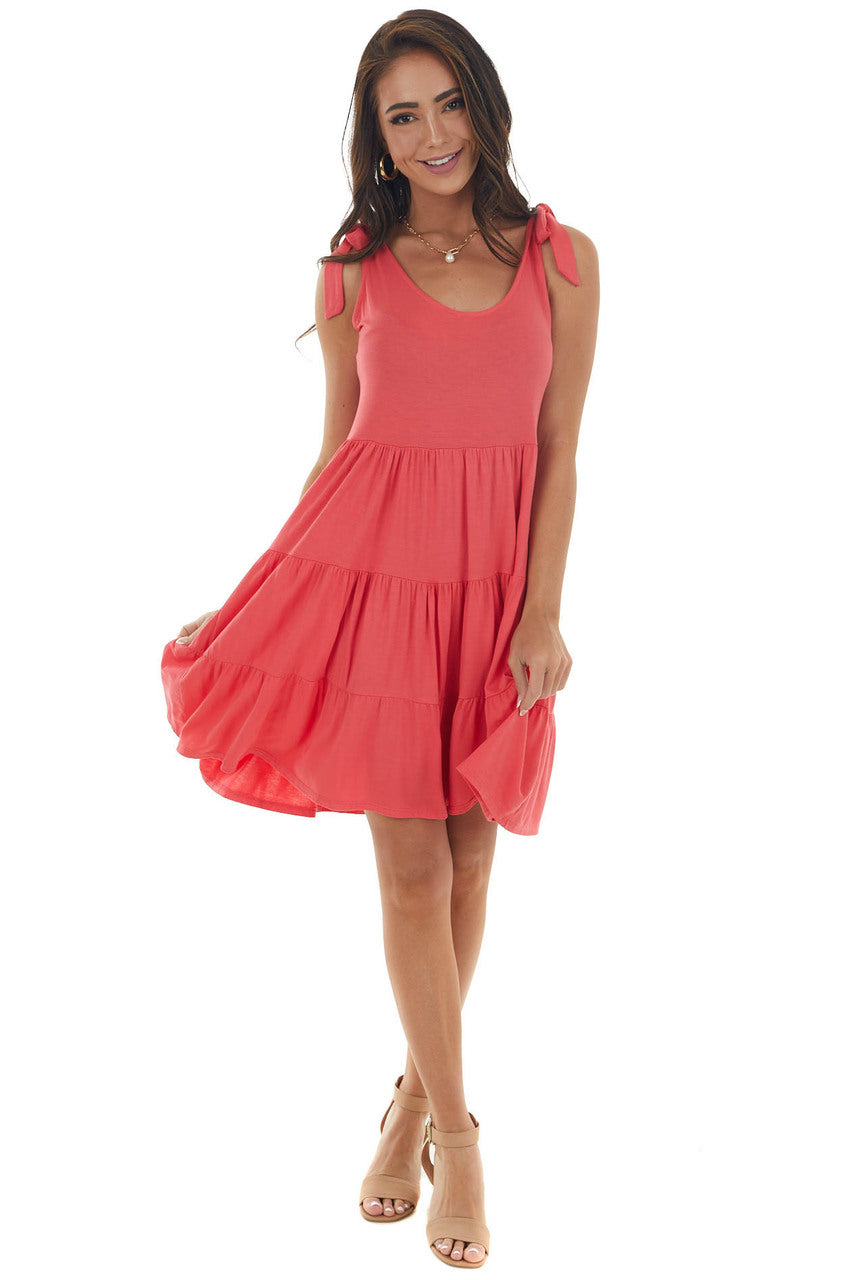 Watermelon Tiered Tie Strap Knit Short Dress 