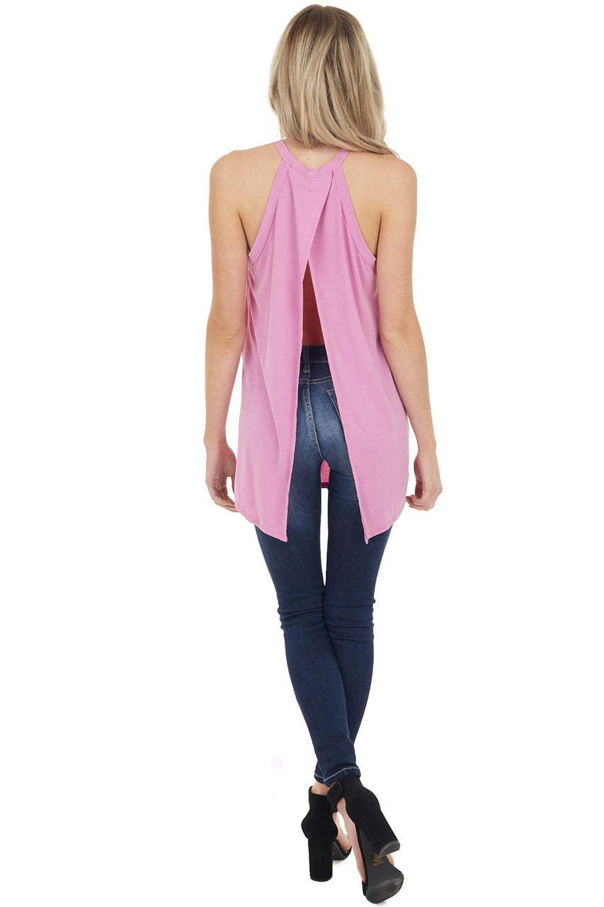 Light Magenta Sleeveless High Neck Top with Open Slit Back