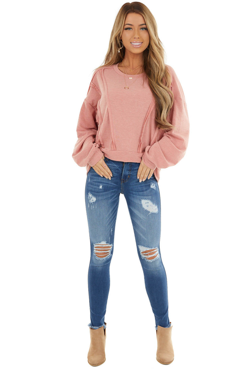Dusty Coral Stretchy Long Sleeve Top with Raw Edge Details 