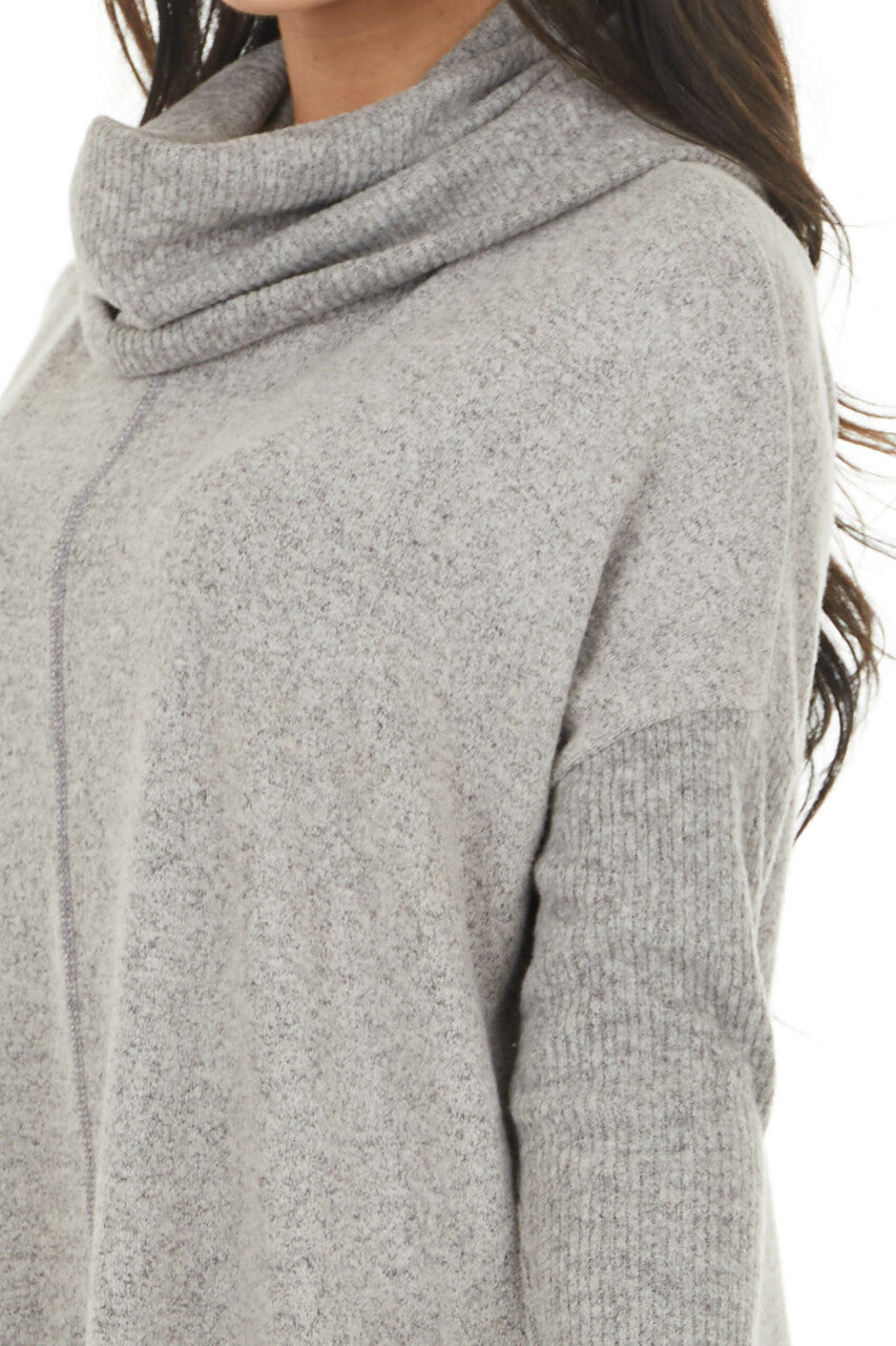 Vintage Taupe Cowl Neck Long Sleeve Top with Ribbed Detail