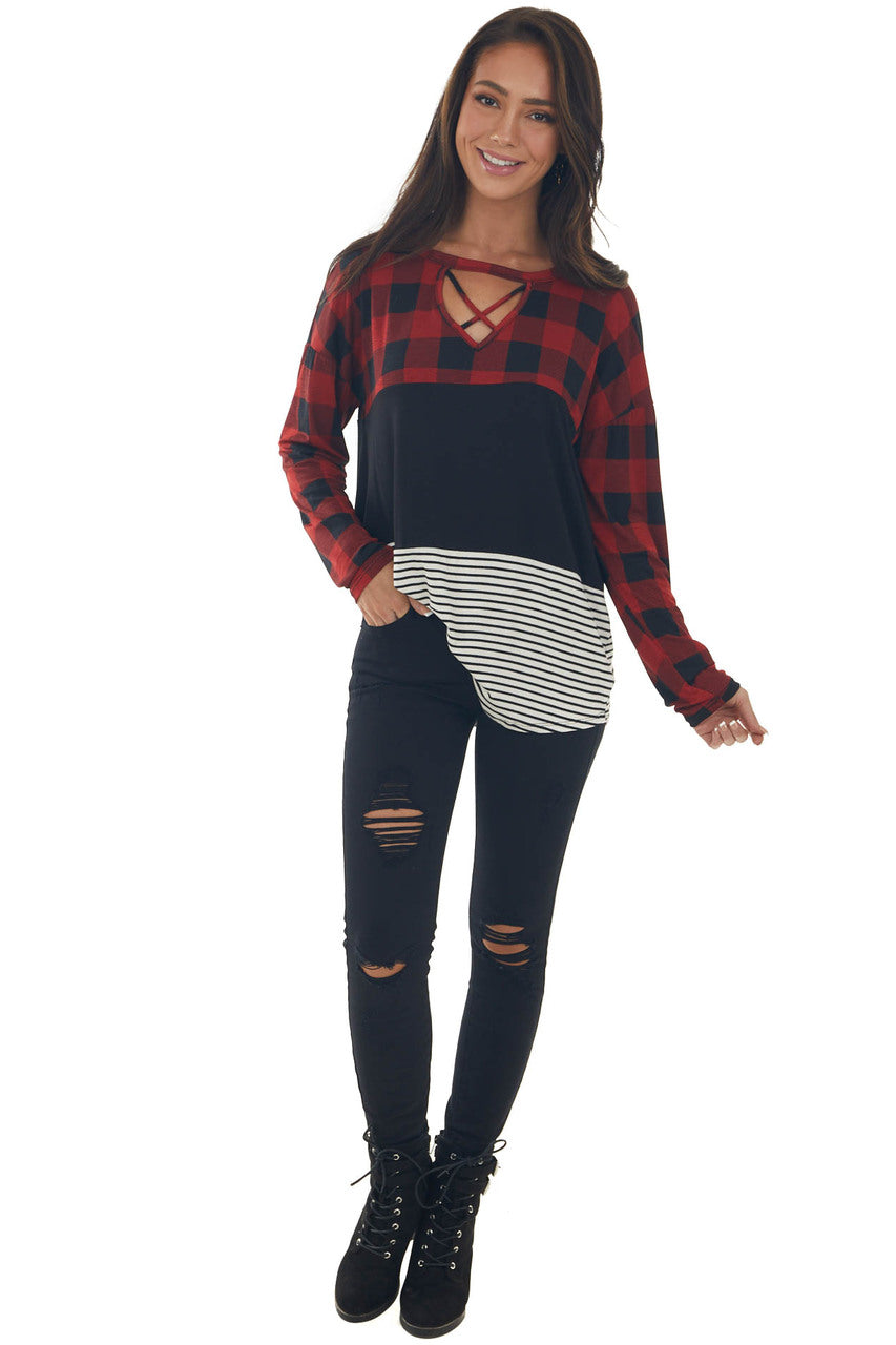 Cherry Buffalo Plaid Multiprint Strappy Top