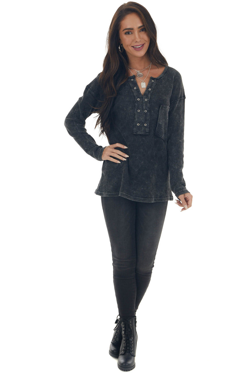 Charcoal Washed Thermal Knit Chest Pocket Top