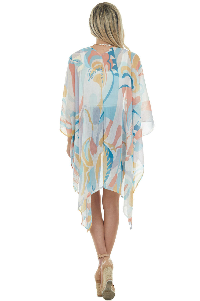 Ivory and Sea Blue Printed Sheer Kimono