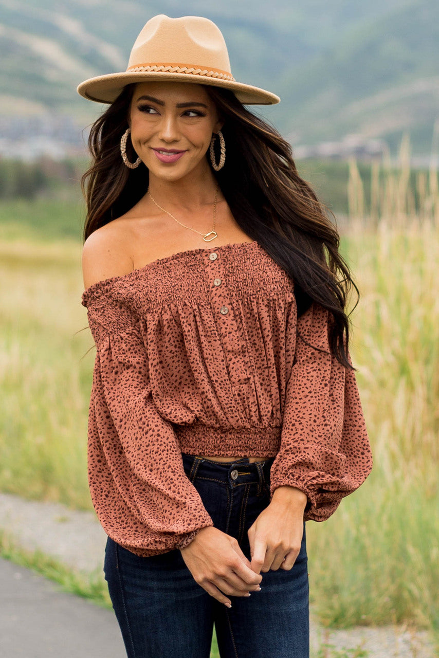 Chestnut Printed Smocked Off Shoulder Blouse