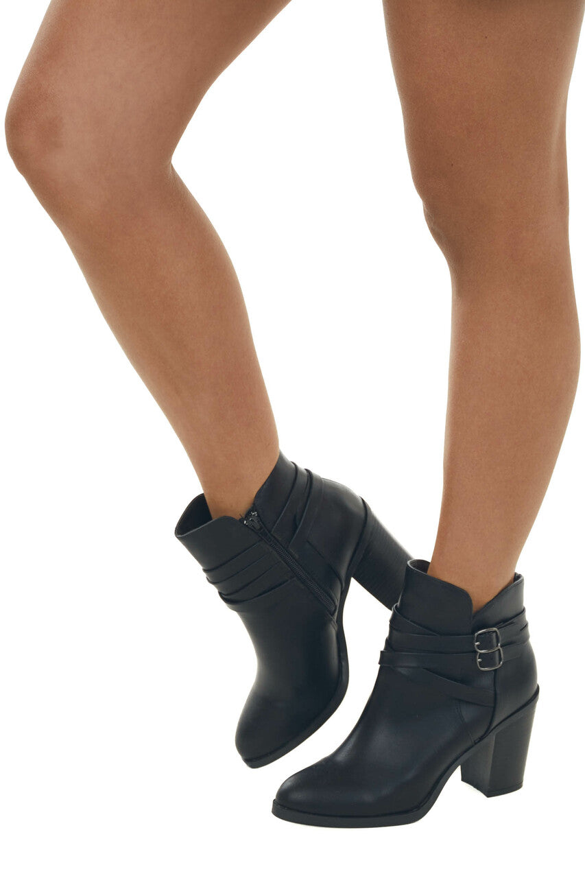 Black Faux Leather Block Heeled Ankle Booties