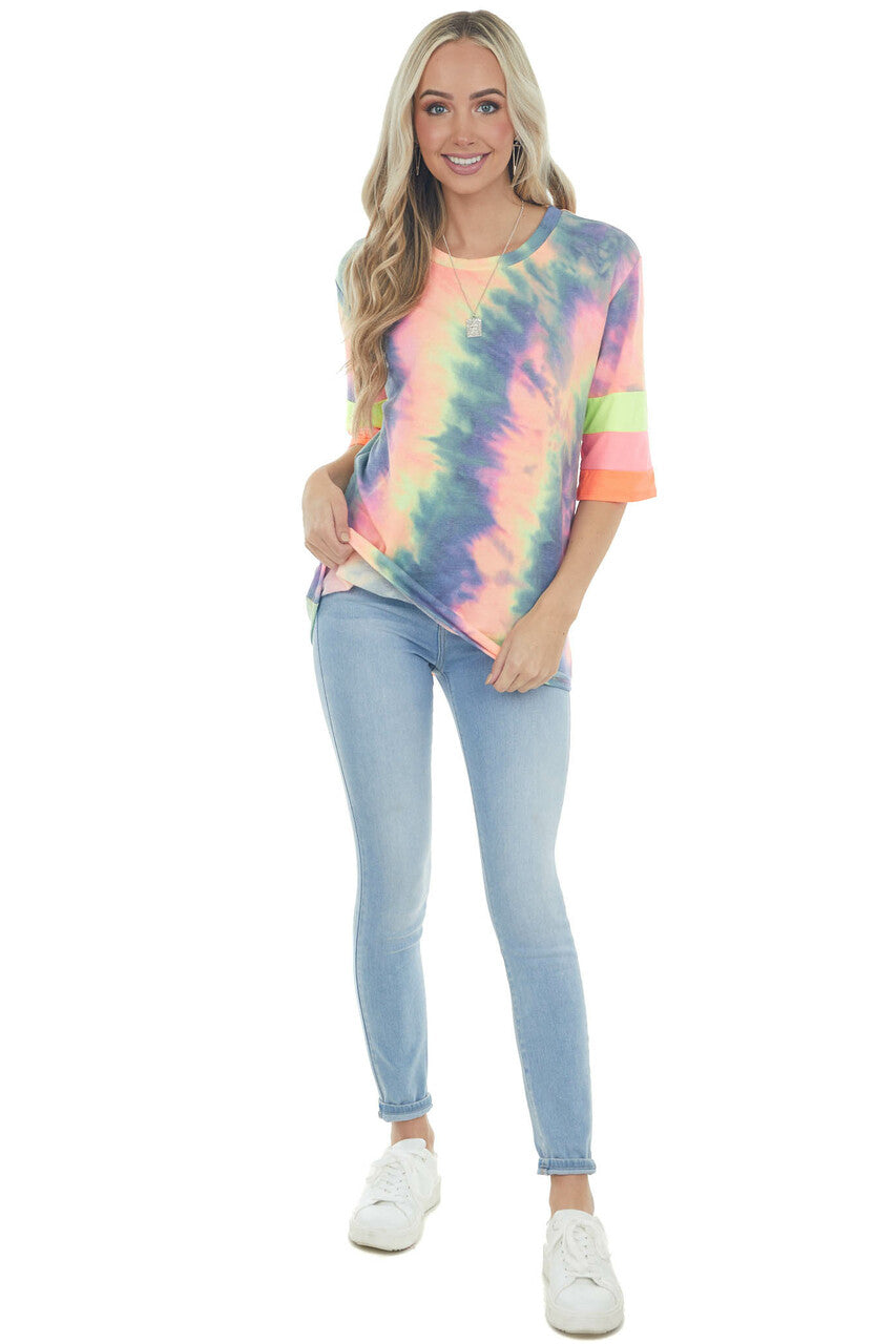 Neon Multicolor Tie Dye Knit Top with Stripe Contrast Detail