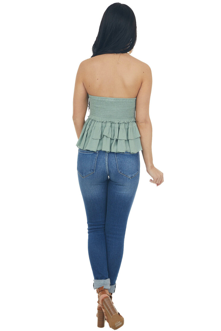 Sage Tiered Ruffle Strapless Lace Woven Top