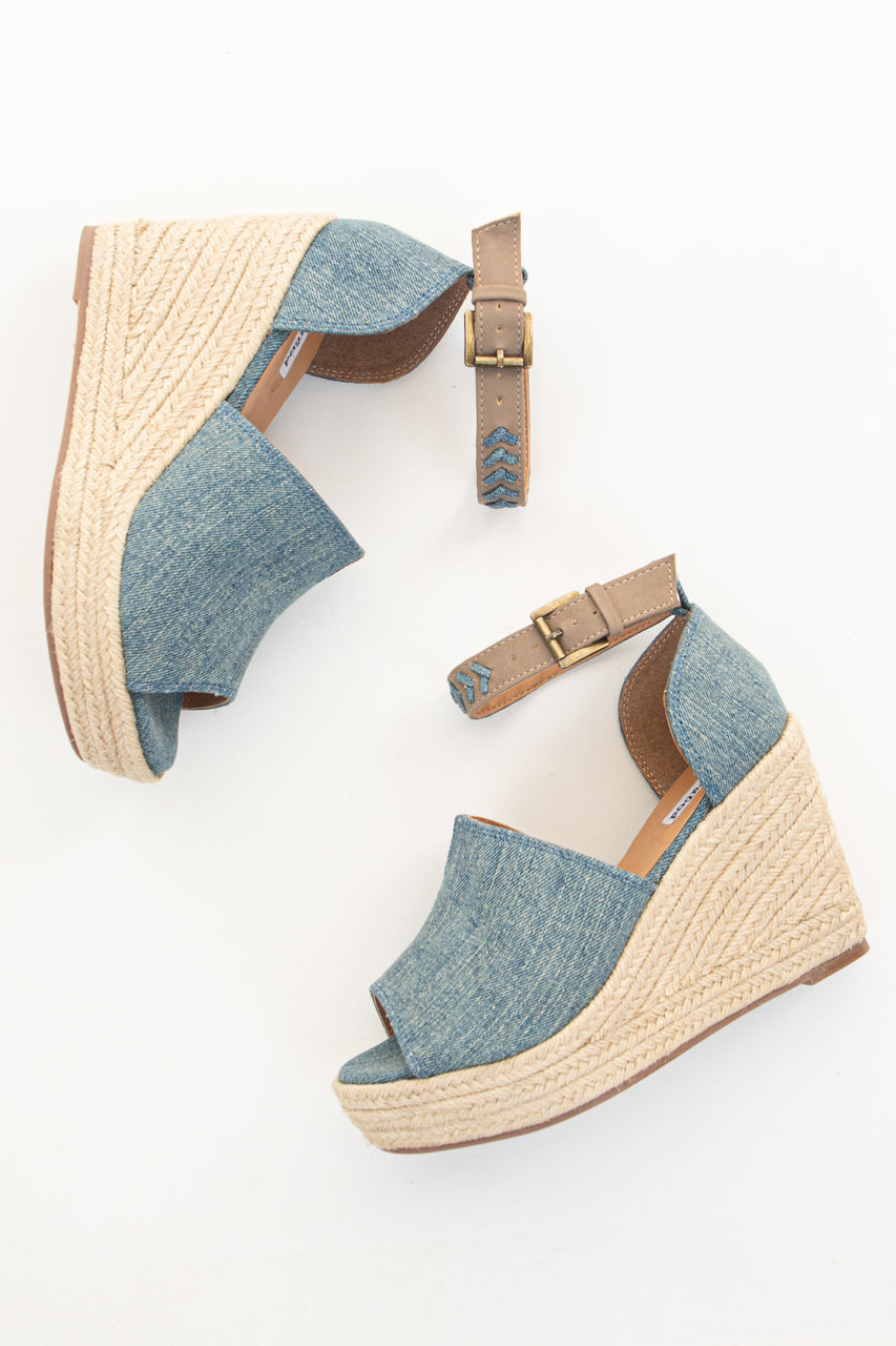 Denim Open Toed Espadrille Wedge with Ankle Strap