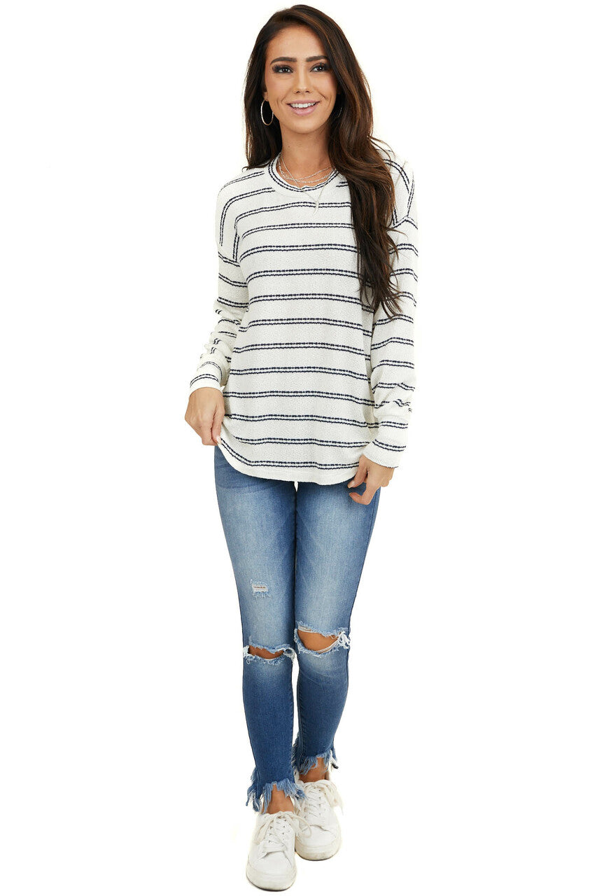 Ivory and Black Striped Knit Top with Long Sleeves 