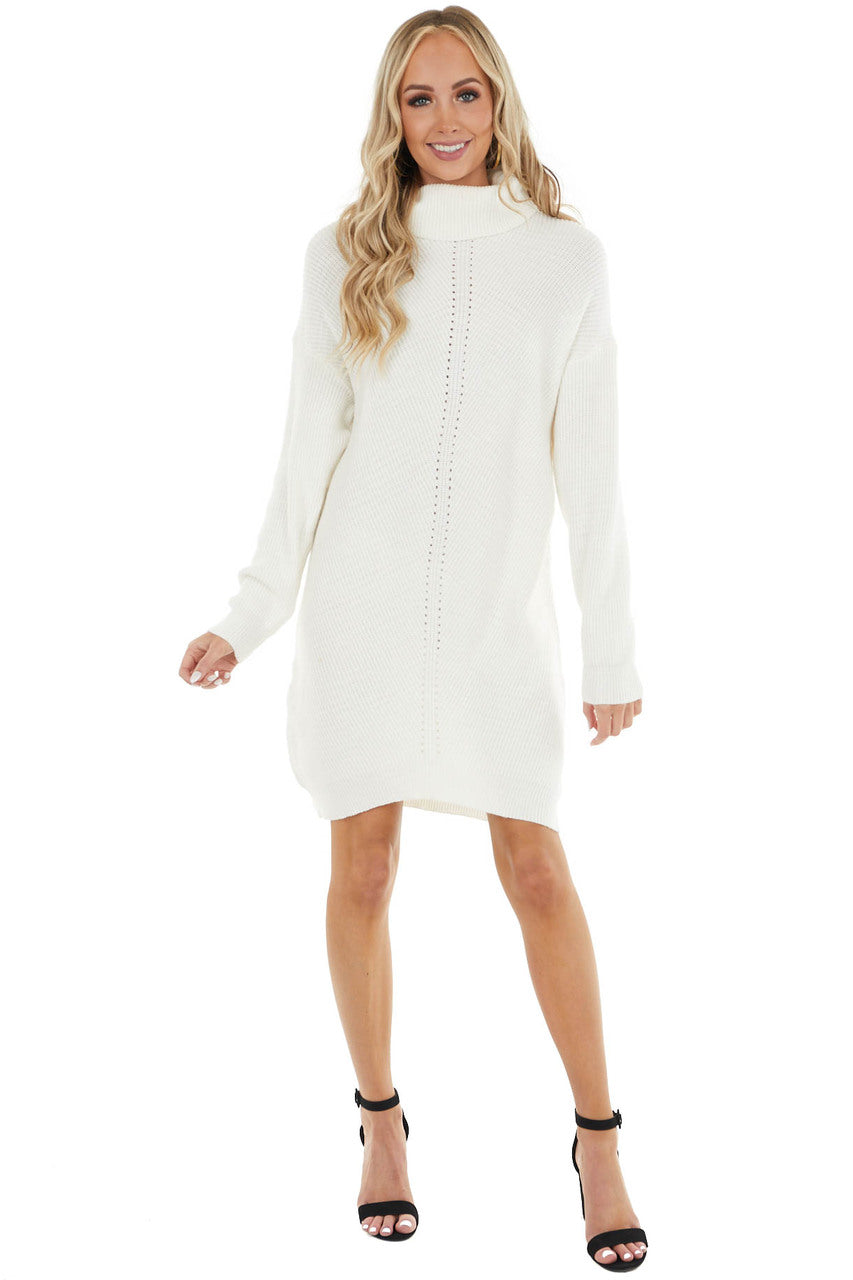 Ivory Cowl Neck Sweater Dress with Small Cutout Details