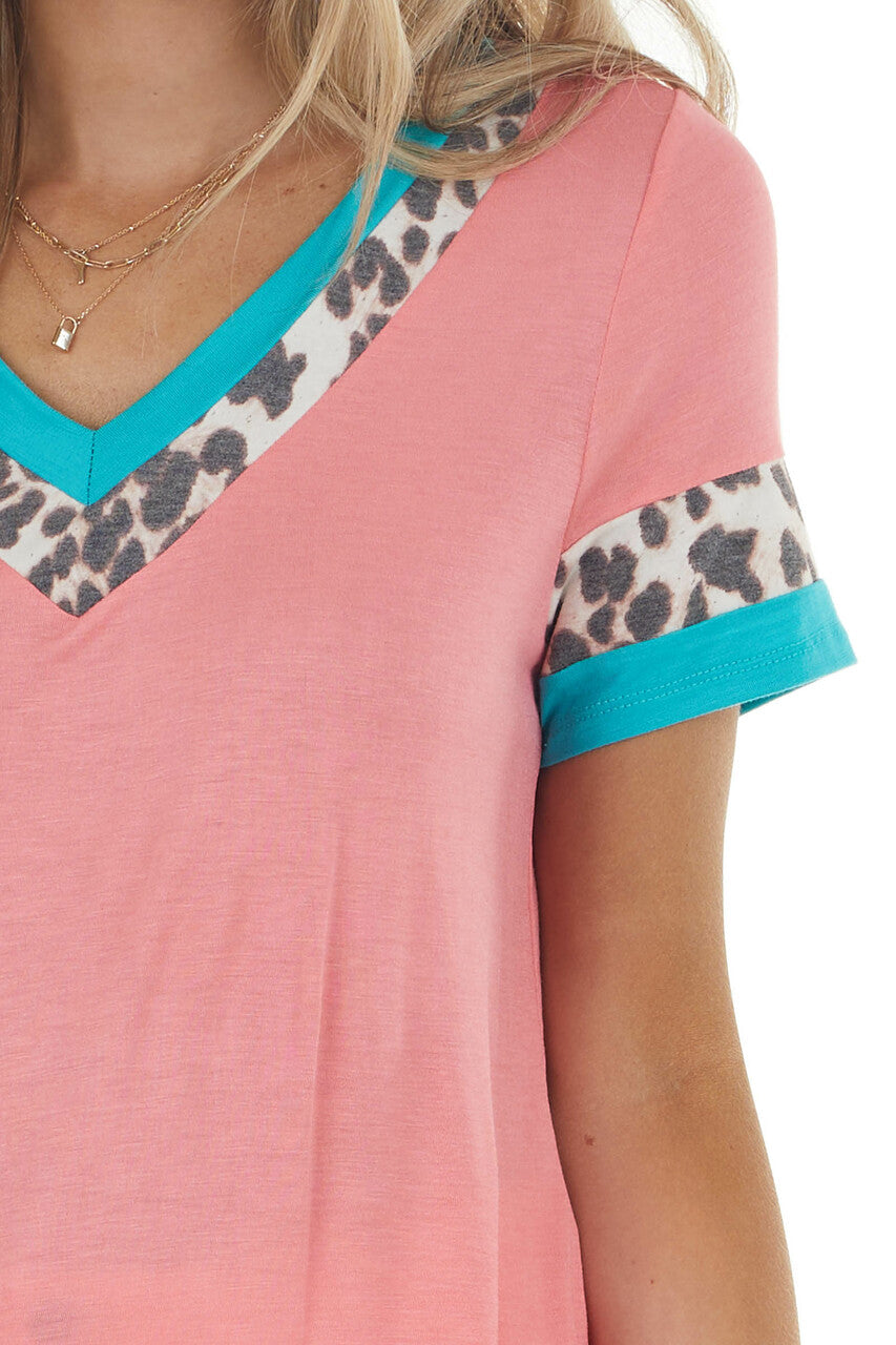 Dark Coral Ringer V Neck Top with Leopard Print Contrast 