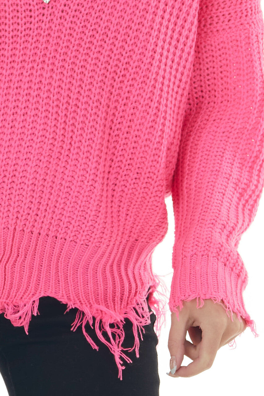 Neon Pink Distressed Trim V Neck Sweater