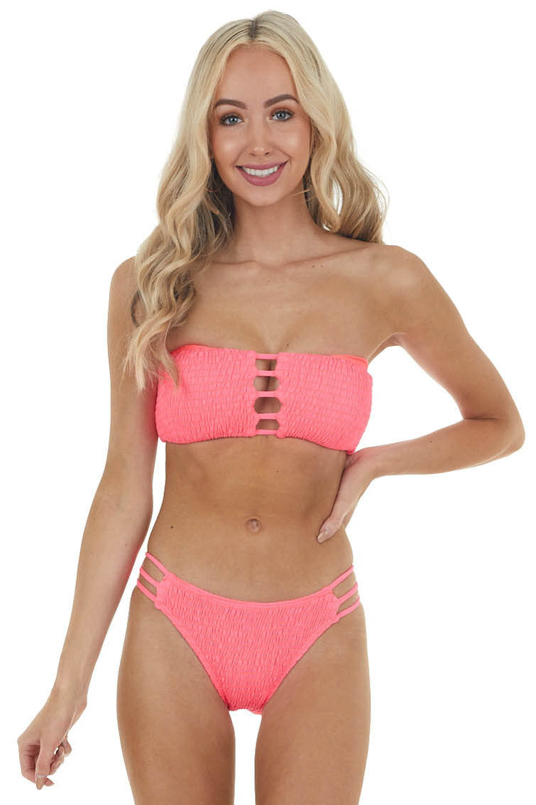 Neon Pink Bandeau Smocked Bikini Set with Ladder Cut Outs