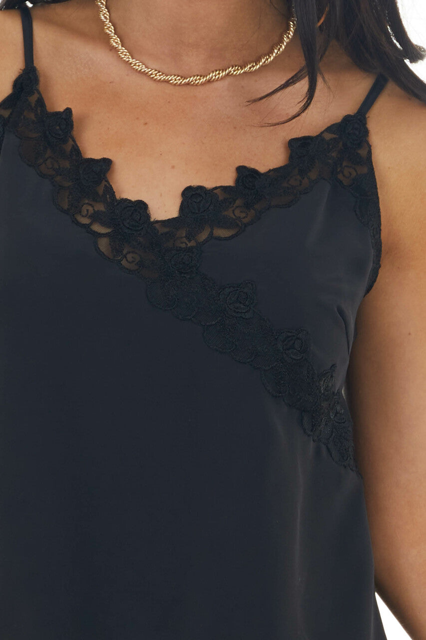 Black Lace Trim V Neck Woven Cami Tank Top 