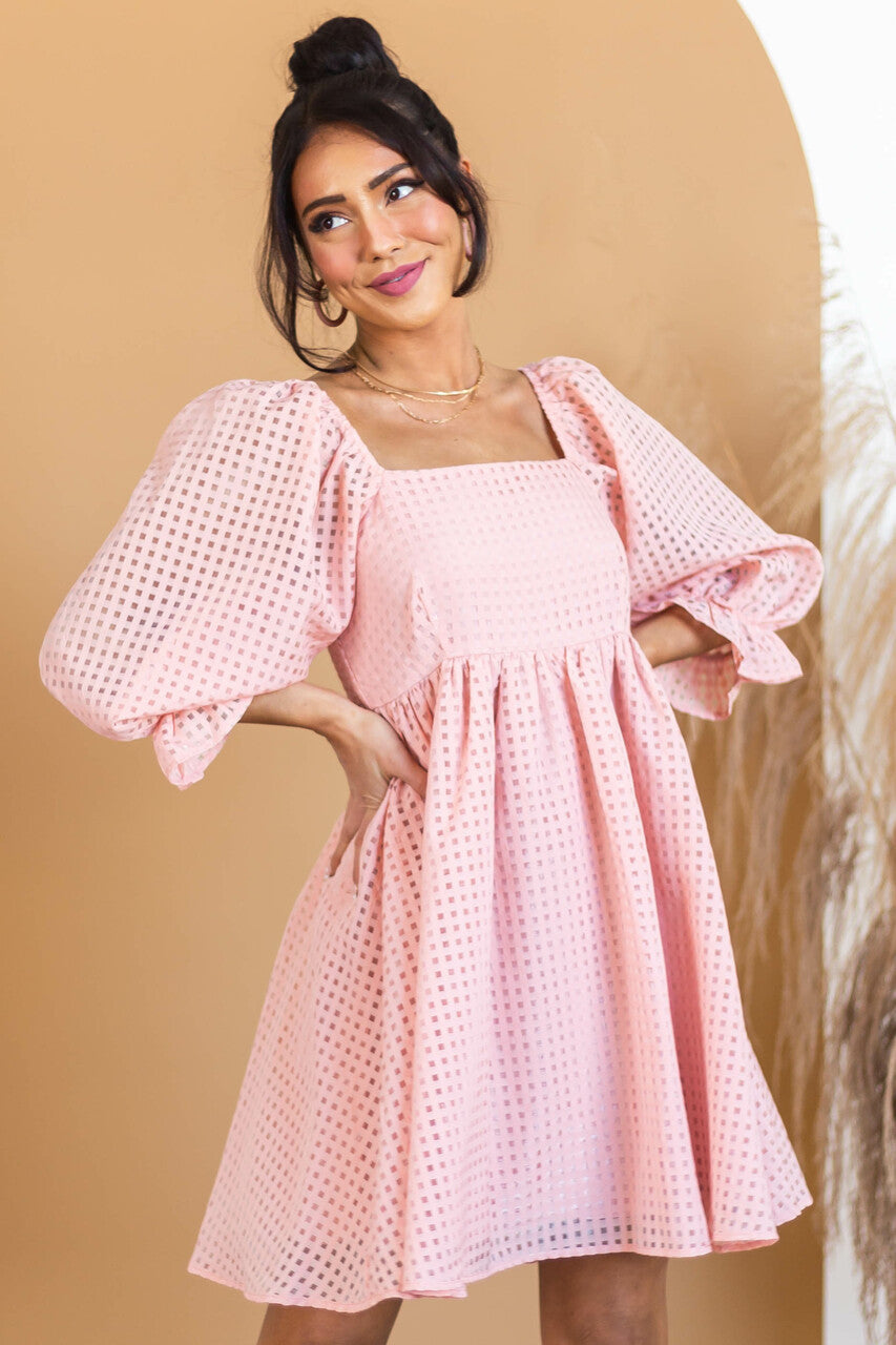 Peach Sheer Checkered Pattern Short Dress 
