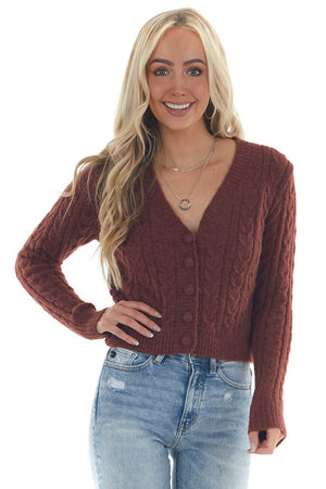 Sangria Button Up Fuzzy Cable Knit Cardigan