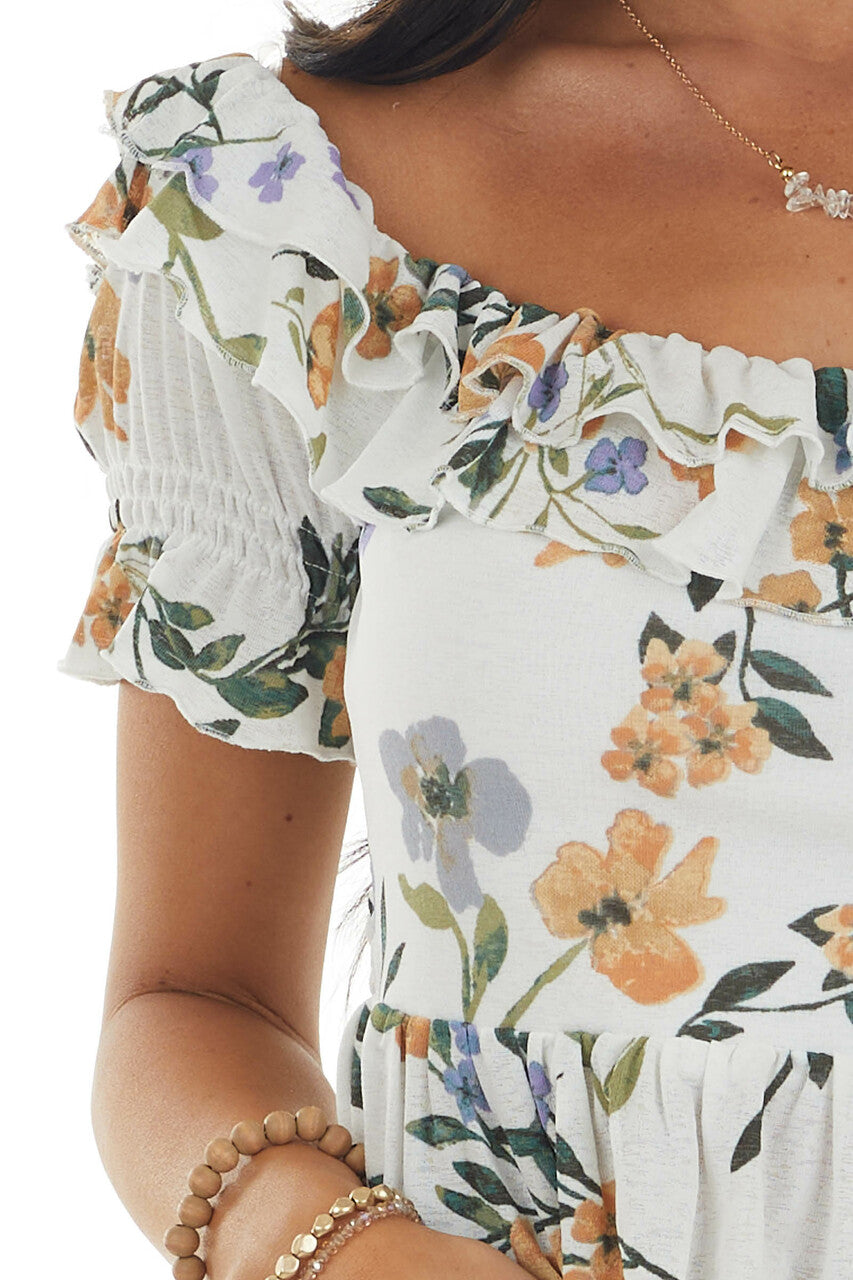 Ivory Floral Print Off the Shoulder Crop Top