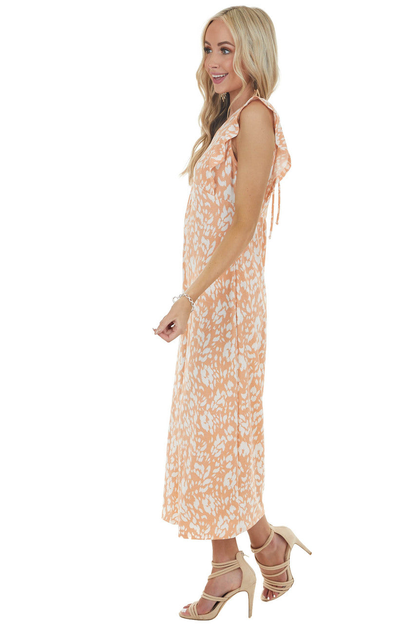 Salmon Printed Short Sleeve Jumpsuit with Front Ring Keyhole