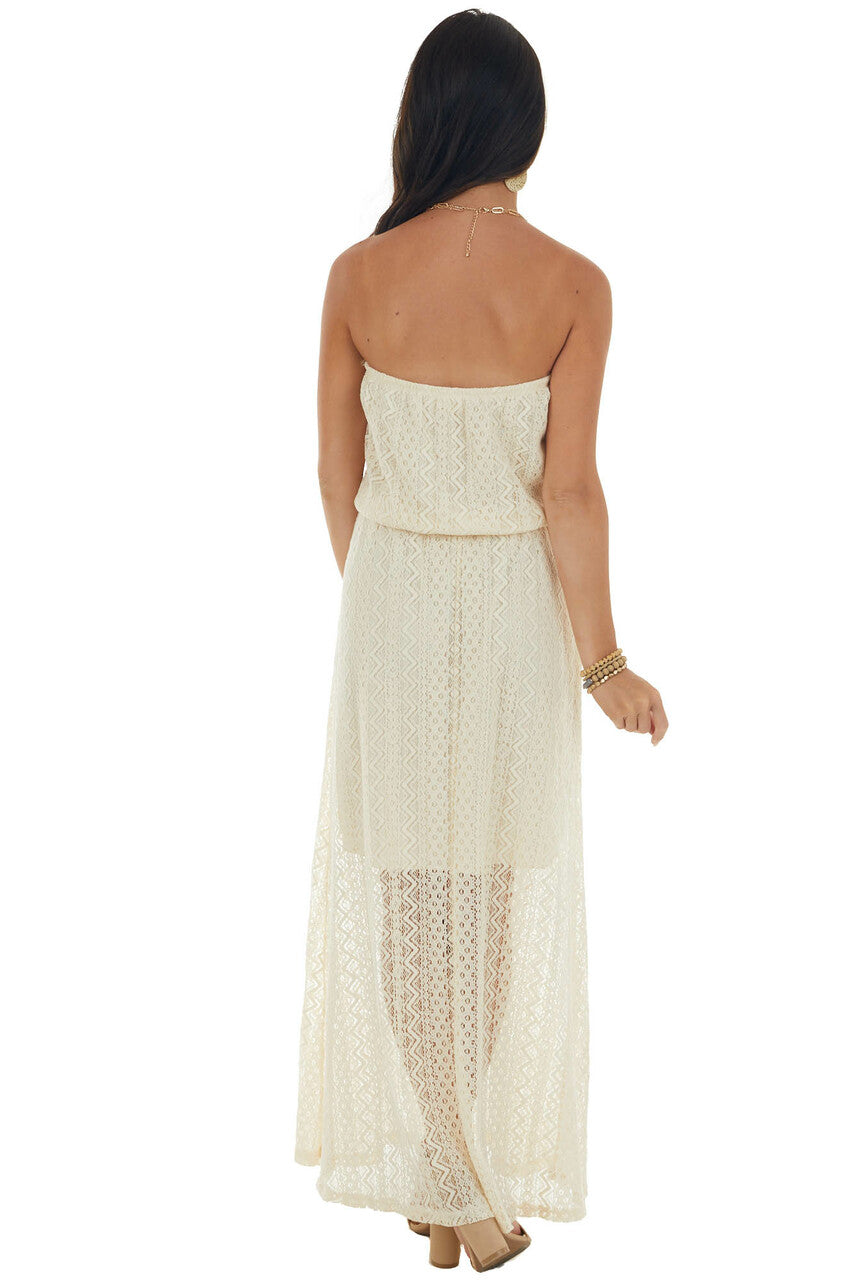 Champagne Strapless Front Tie Lace Maxi Dress 