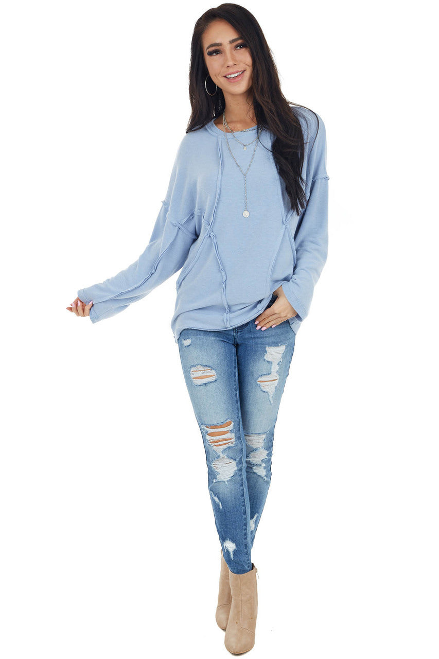 Powder Blue French Terry Knit Top with Raw Edge Details