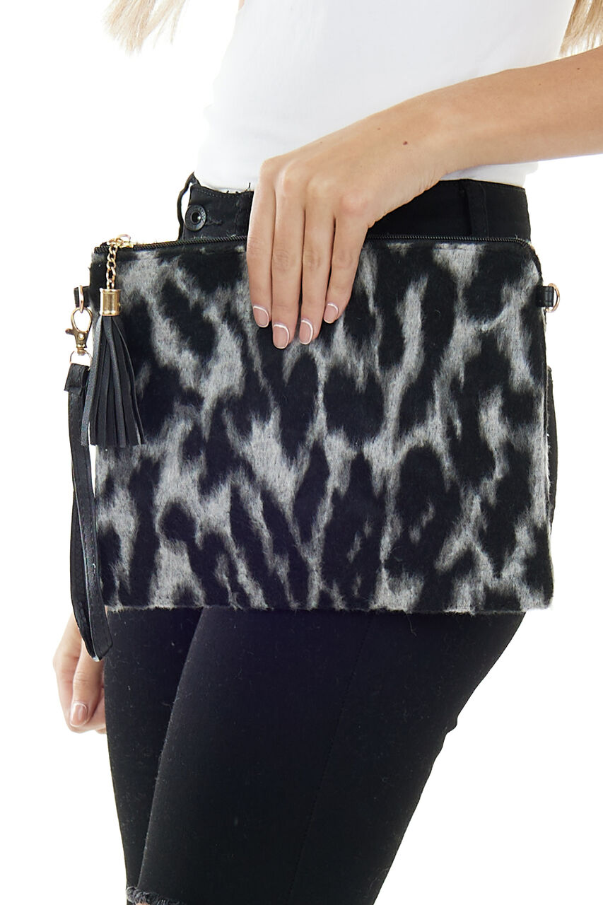Dove Grey Leopard Crossbody Tassel Zipper Bag