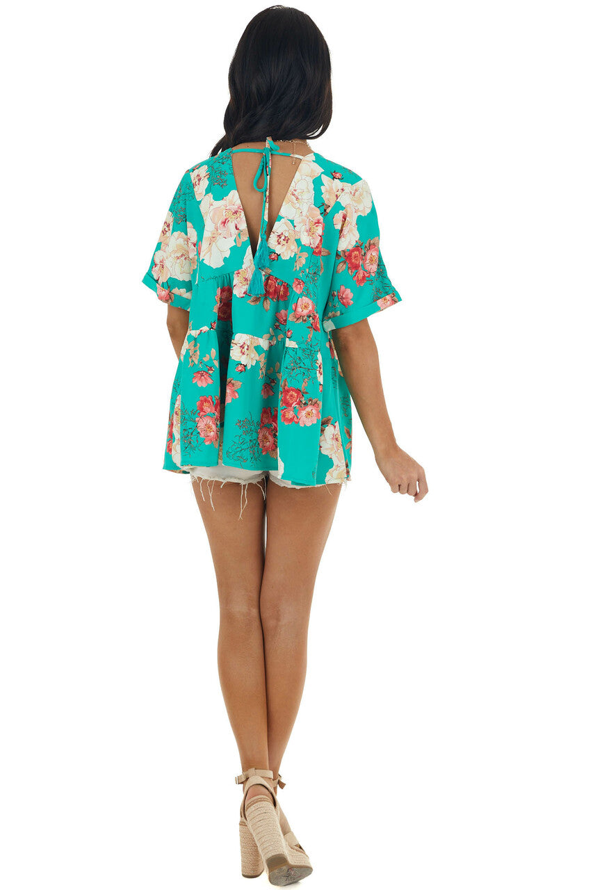 Jade Green Floral Print V Neck Babydoll Top 