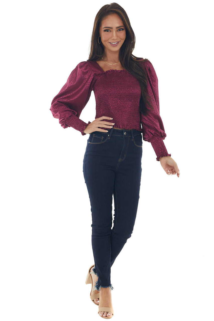 Wine Red Animal Textured Smocked Silk Blouse