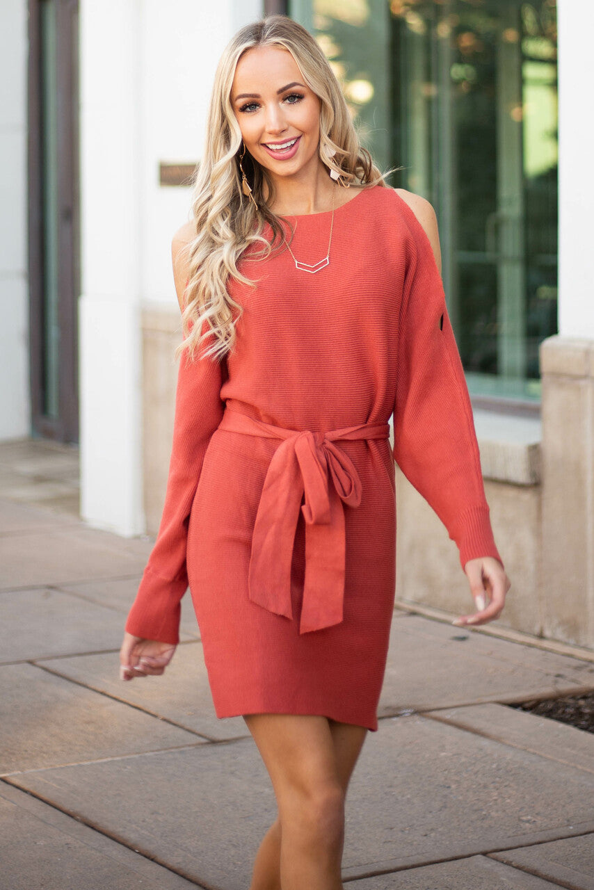 Dusty Maroon Long Dolman Sleeve Dress with Cold Shoulder