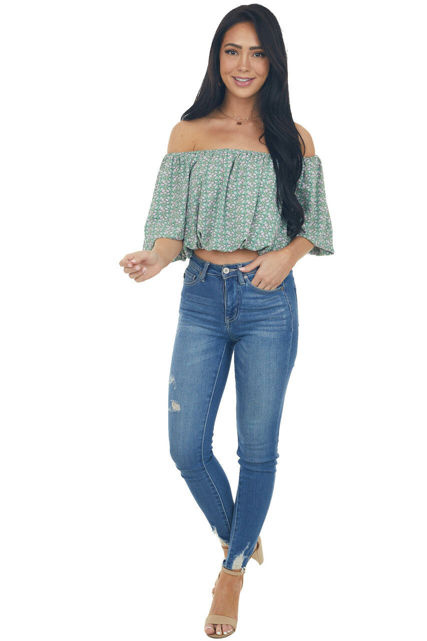Jade Ditsy Floral Print Boat Neck Crop Top