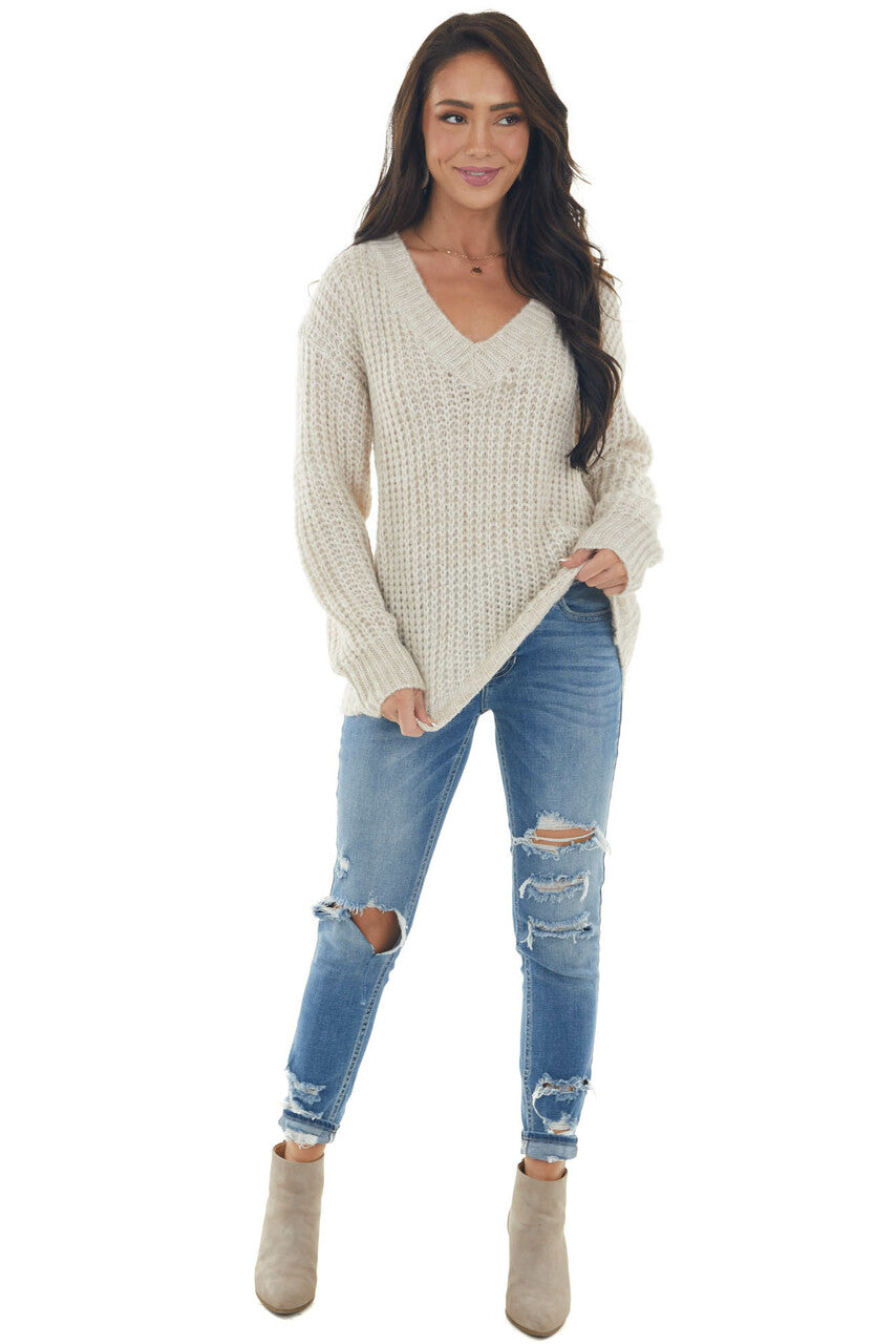 Oatmeal Stretchy Knit V Neck Sweater