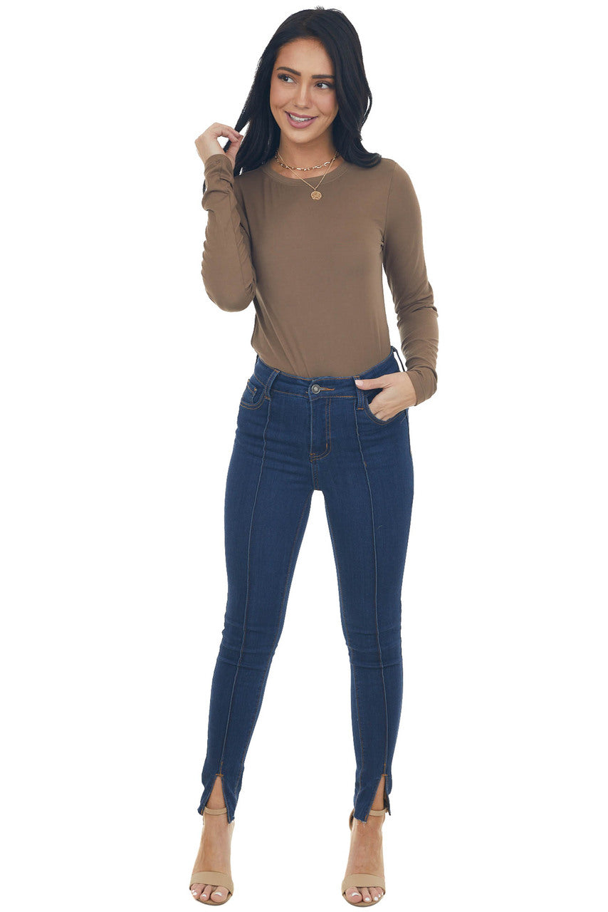Coffee Solid Soft Knit Top with Long Sleeves