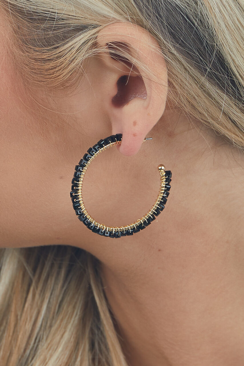 Black Cube Beaded Crescent Hoop Earrings