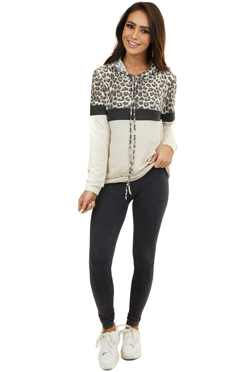 Tan Leopard Colorblock Hooded Sweatshirt with Front Pocket 