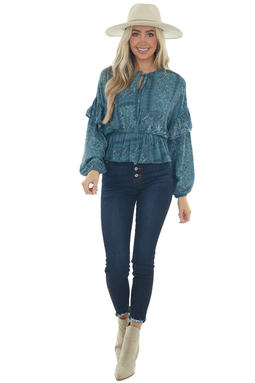 Sea Blue Printed Long Sleeve Peplum Fit Blouse