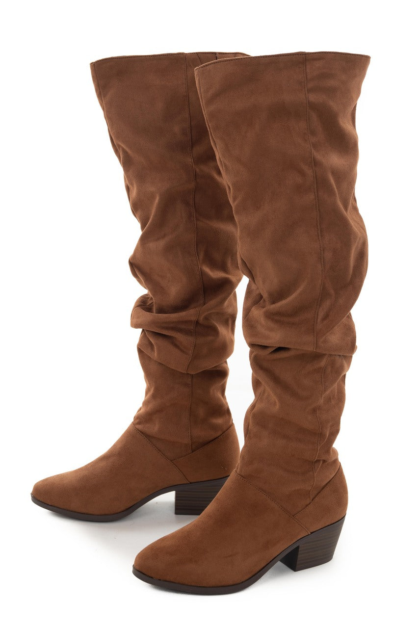 Cognac Suede Slouchy Over the Knee Booties
