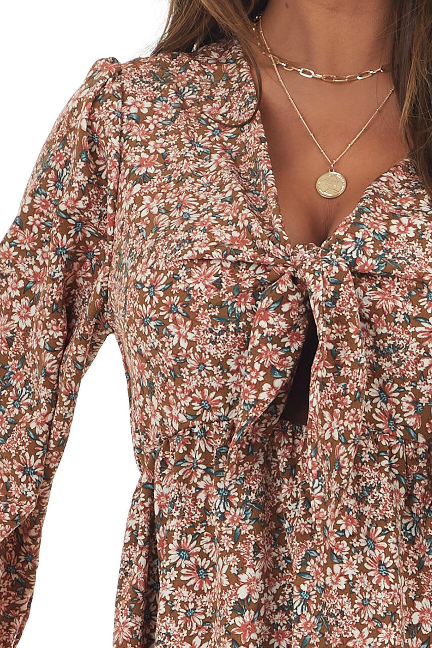 Mocha Floral Print Mini Dress with Cutout Front Tie Detail