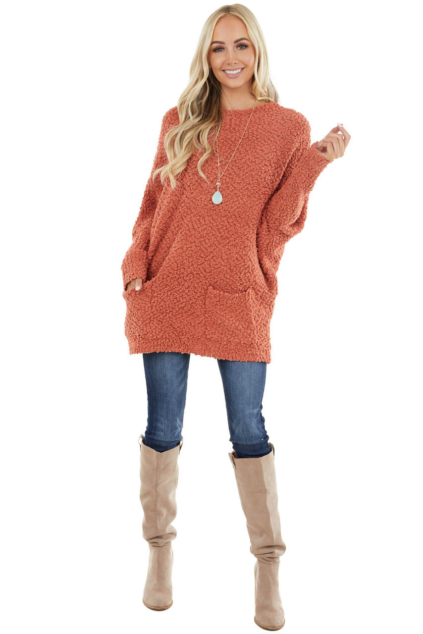 Terracotta Stretchy Knit Long Sweater with Pockets