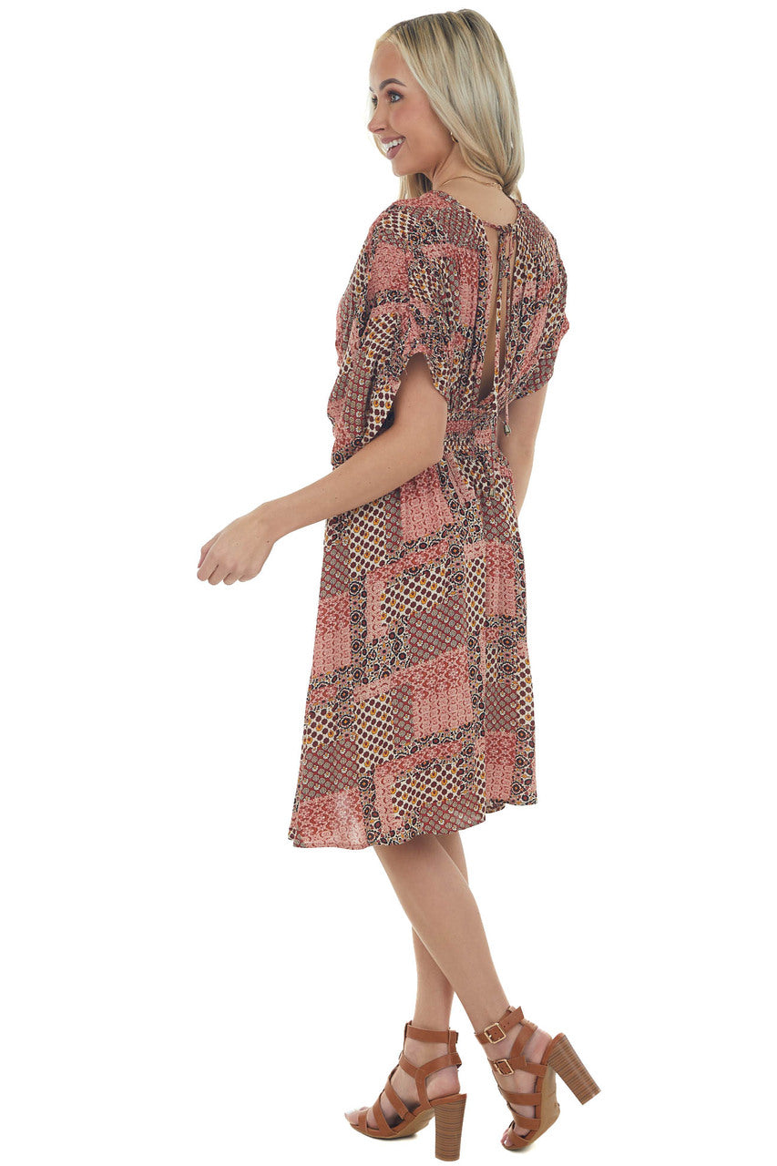 Rust Floral Print Plunging V Neck Short Dress