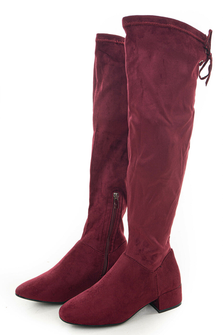 Wine Faux Suede Boots with Back Lace Up Detail 