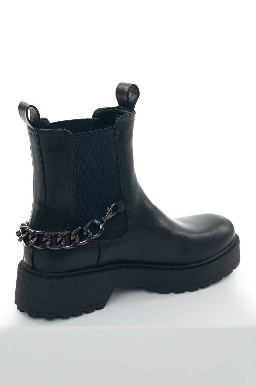 Black Faux Leather Lug Boots with Chain Detail