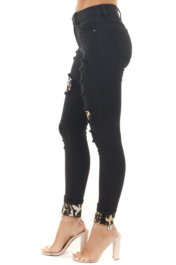 Black Distressed Skinny Jeans with Leopard Patches and Cuffs